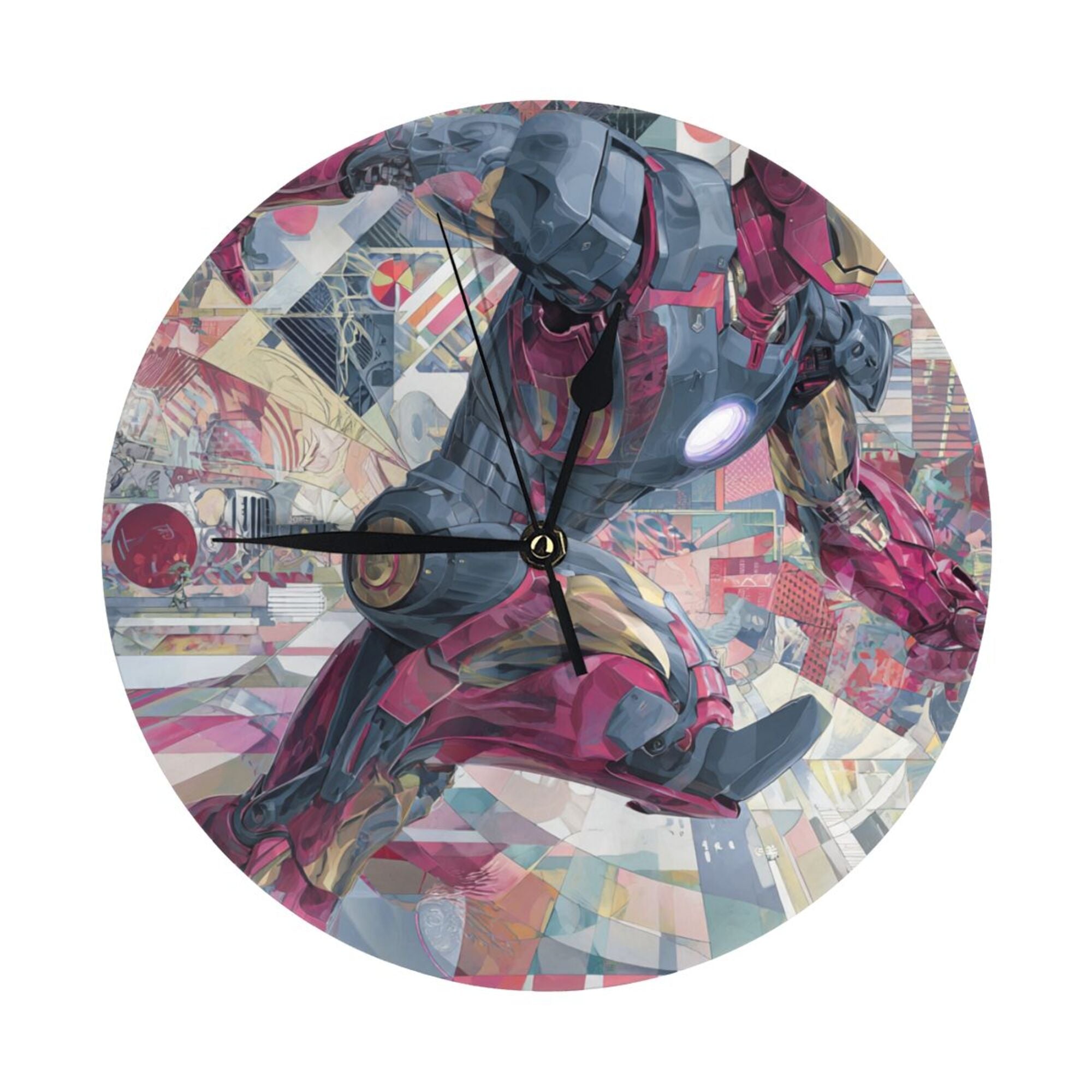 Iron Man Art Collage Round Wall Clock - Marvel - Themed Creative Decorative Clock for Living Room & Bedroom (Diameter 9.84in/25cm, Thickness 0.2in/0.5cm)