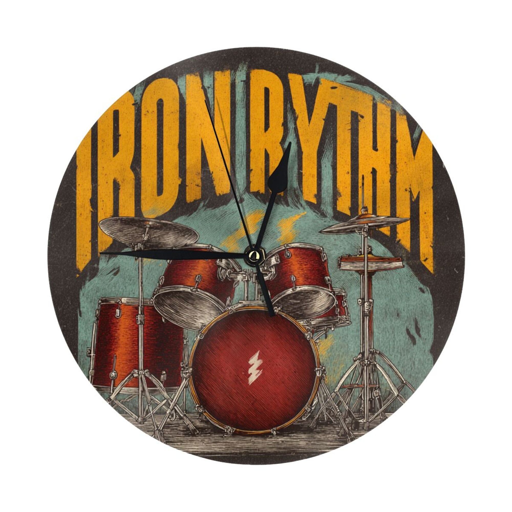 Vintage Rock Drum Set Round Wall Clock - Creative Music - Themed Decorative Clock for Living Room & Bedroom (Diameter 9.84in/25cm, Thickness 0.2in/0.5cm)