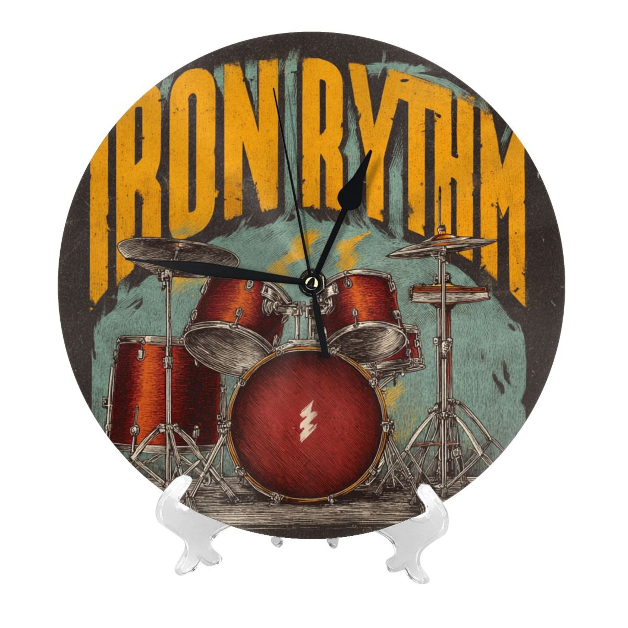 Vintage Rock Drum Set Round Wall Clock - Creative Music - Themed Decorative Clock for Living Room & Bedroom (Diameter 9.84in/25cm, Thickness 0.2in/0.5cm)