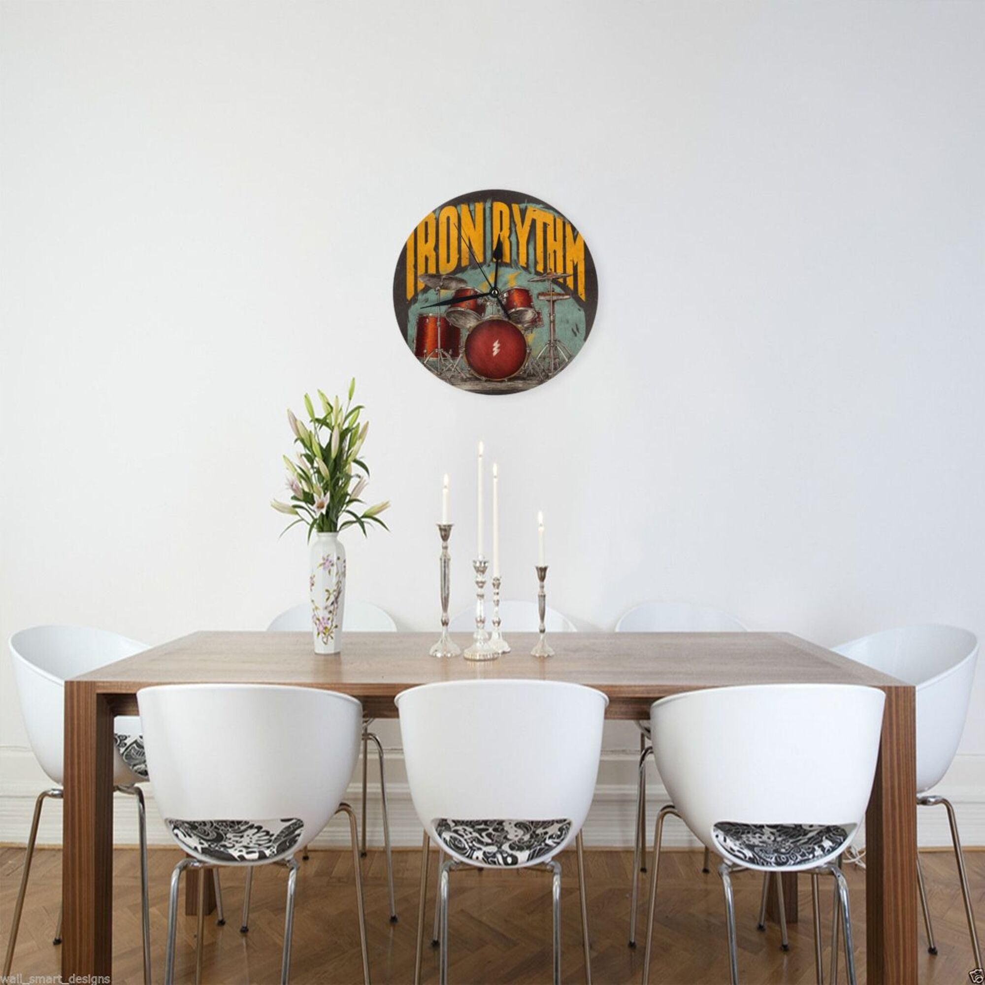 Vintage Rock Drum Set Round Wall Clock - Creative Music - Themed Decorative Clock for Living Room & Bedroom (Diameter 9.84in/25cm, Thickness 0.2in/0.5cm)