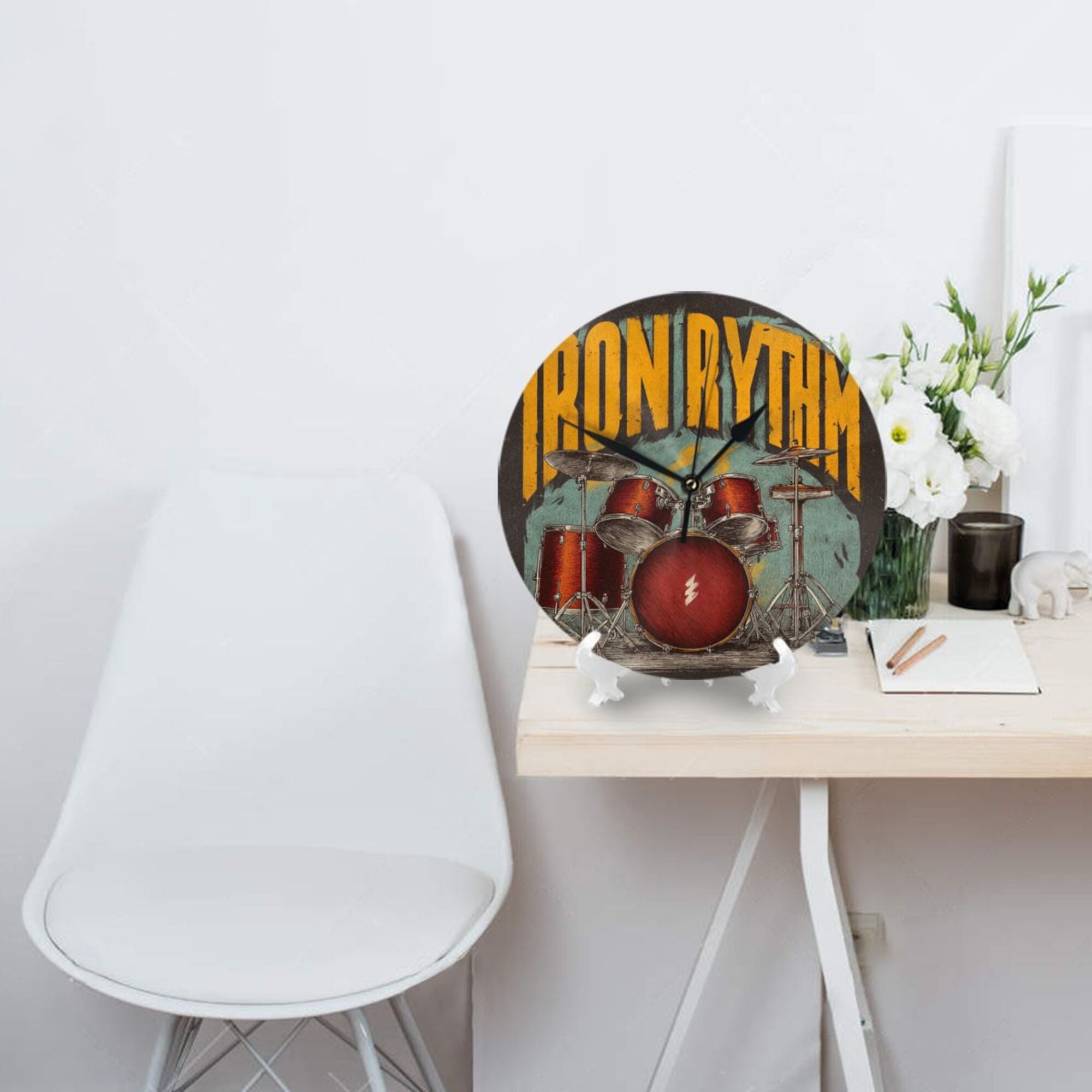 Vintage Rock Drum Set Round Wall Clock - Creative Music - Themed Decorative Clock for Living Room & Bedroom (Diameter 9.84in/25cm, Thickness 0.2in/0.5cm)
