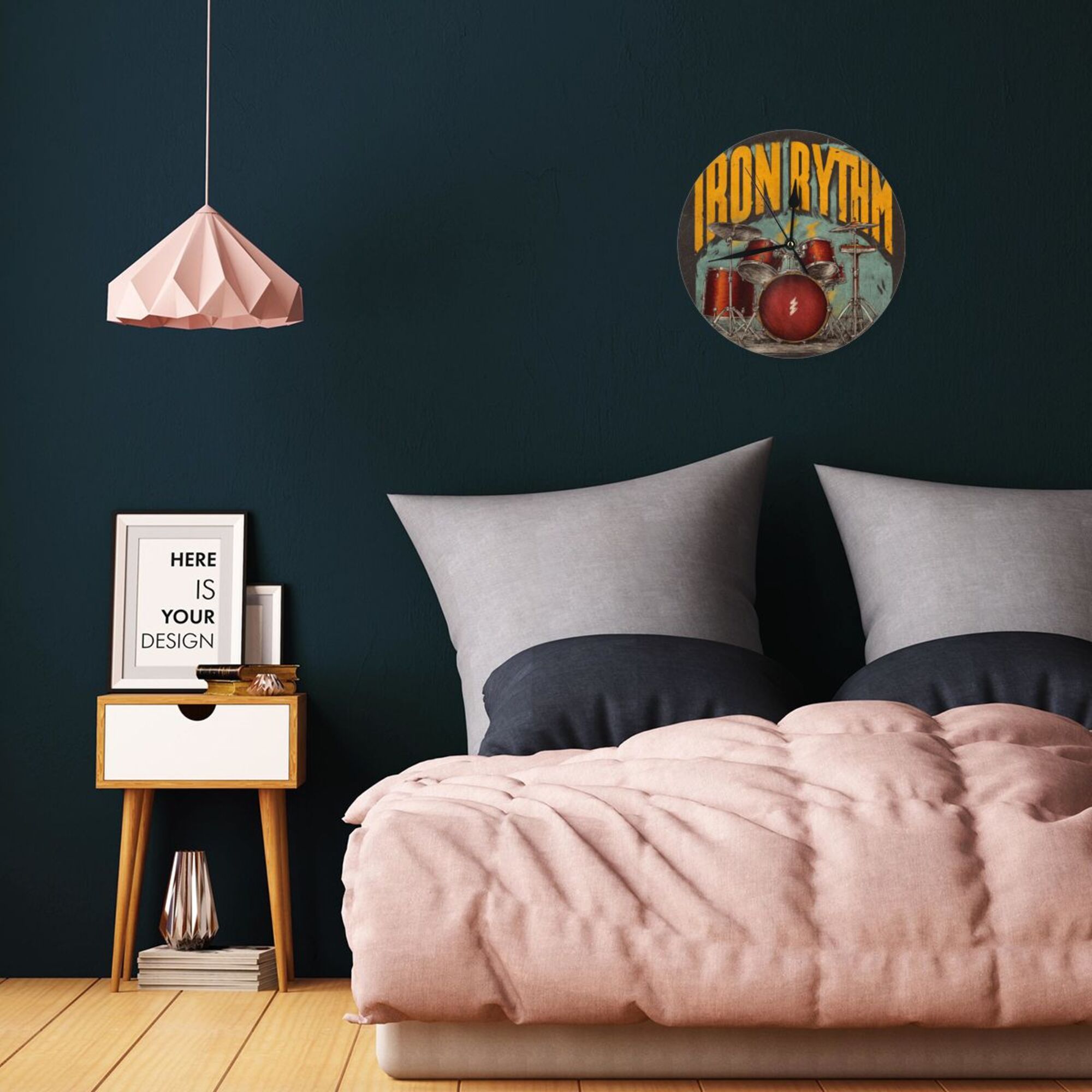 Vintage Rock Drum Set Round Wall Clock - Creative Music - Themed Decorative Clock for Living Room & Bedroom (Diameter 9.84in/25cm, Thickness 0.2in/0.5cm)