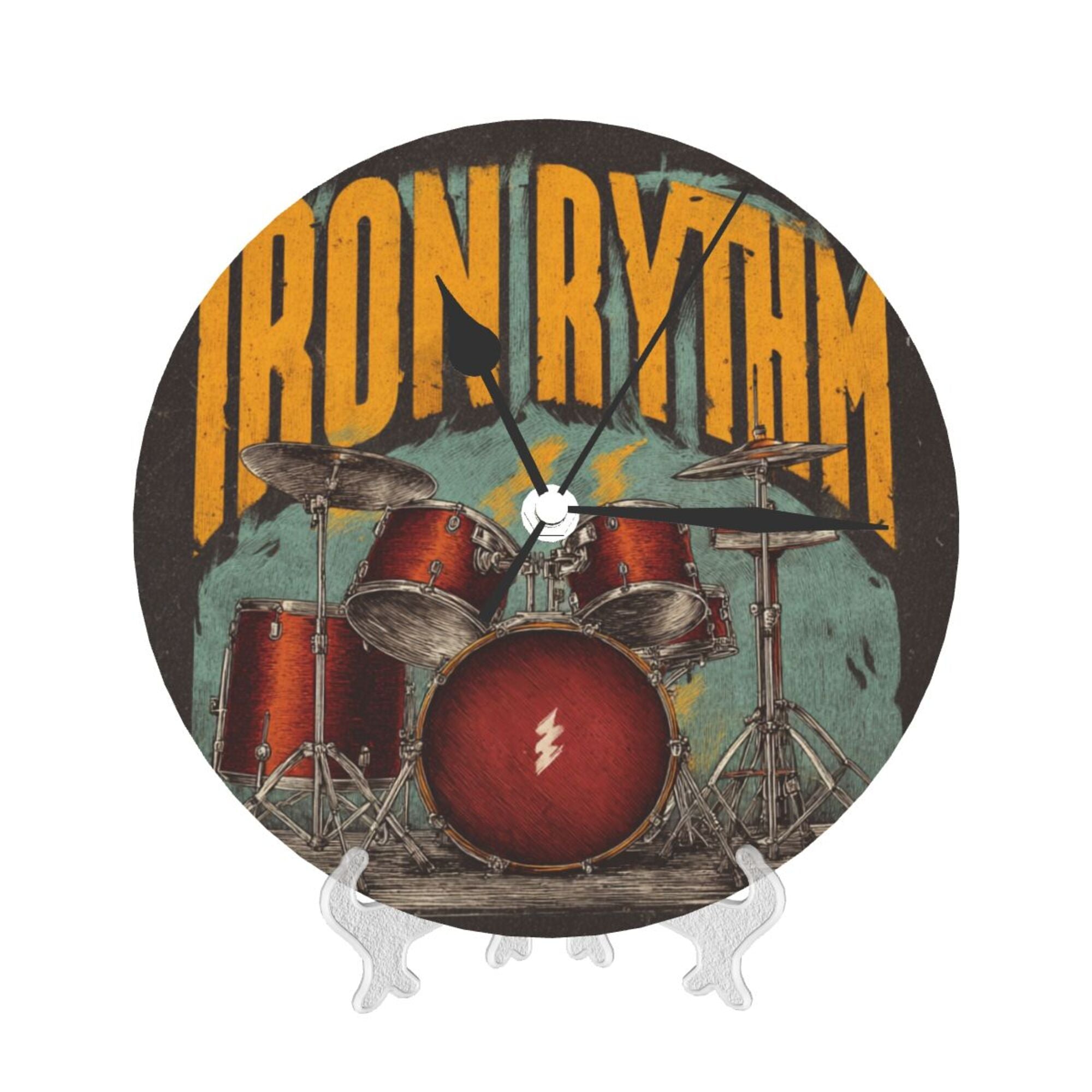 Vintage Rock Drum Set Round Wall Clock - Creative Music - Themed Decorative Clock for Living Room & Bedroom (Diameter 9.84in/25cm, Thickness 0.2in/0.5cm)