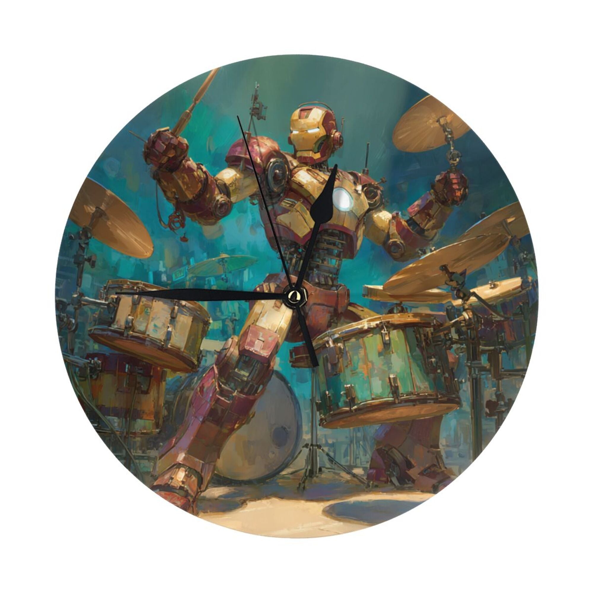 Iron Man Rock Drummer Round Wall Clock - Marvel - Themed Creative Decorative Clock for Living Room & Bedroom (Diameter 9.84in/25cm, Thickness 0.2in/0.5cm)