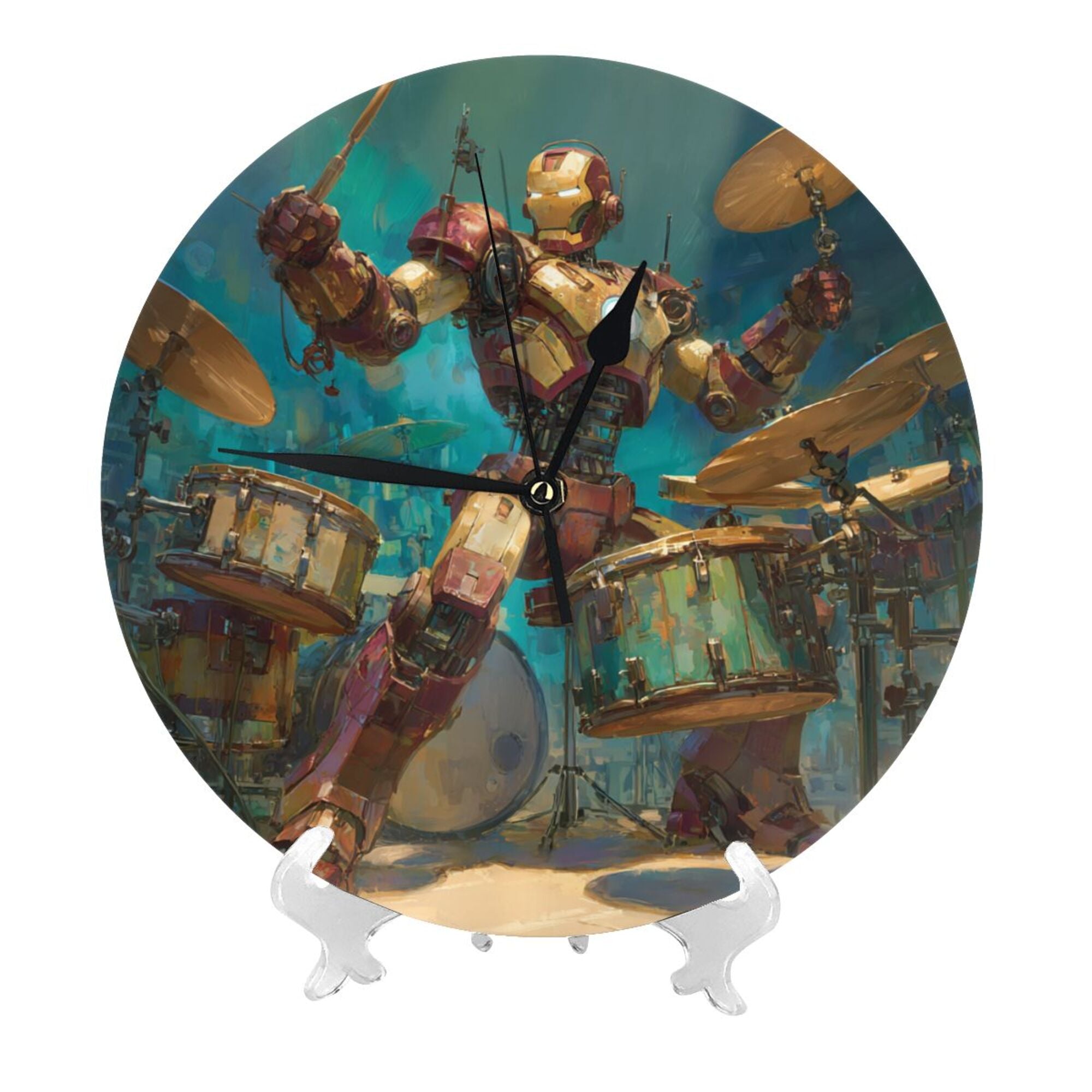 Iron Man Rock Drummer Round Wall Clock - Marvel - Themed Creative Decorative Clock for Living Room & Bedroom (Diameter 9.84in/25cm, Thickness 0.2in/0.5cm)