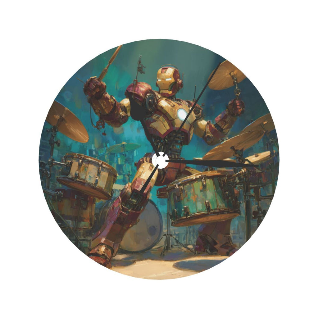 Iron Man Rock Drummer Round Wall Clock - Marvel - Themed Creative Decorative Clock for Living Room & Bedroom (Diameter 9.84in/25cm, Thickness 0.2in/0.5cm)