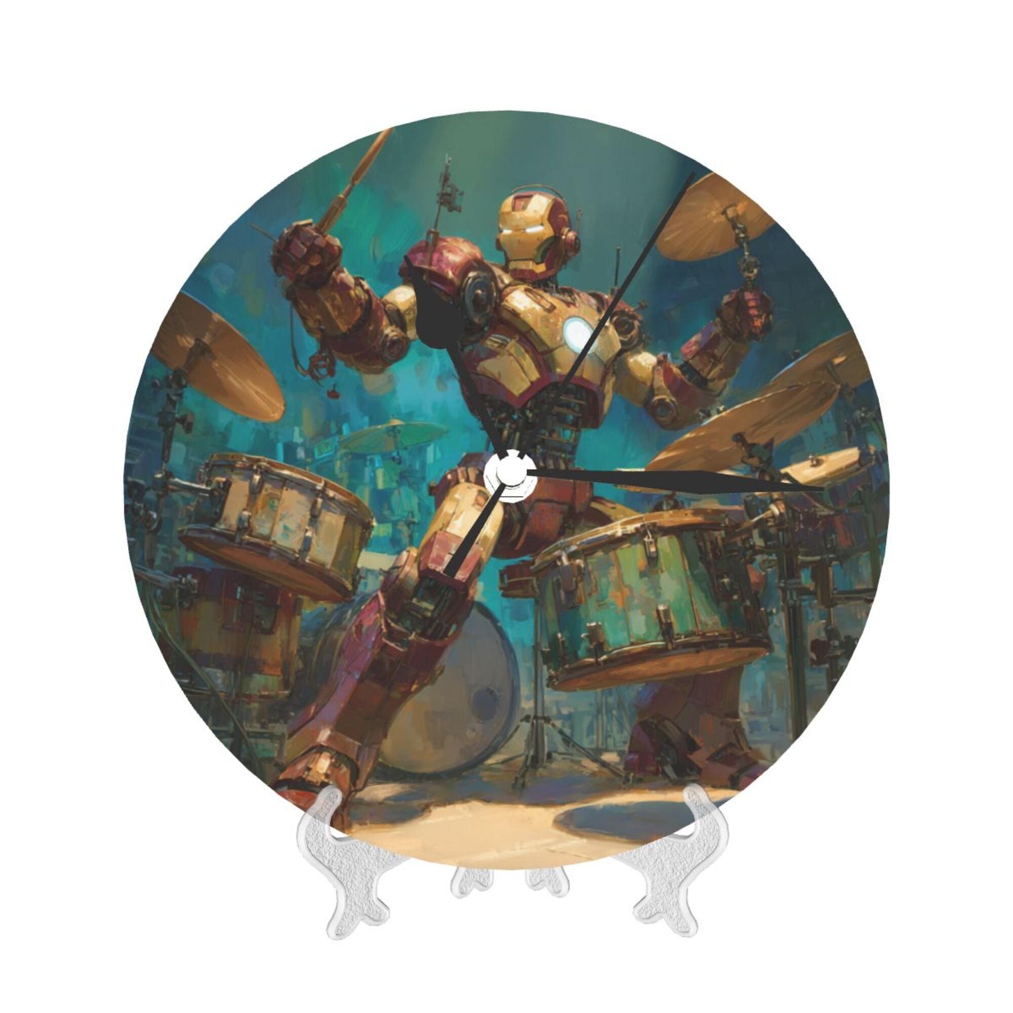 Iron Man Rock Drummer Round Wall Clock - Marvel - Themed Creative Decorative Clock for Living Room & Bedroom (Diameter 9.84in/25cm, Thickness 0.2in/0.5cm)