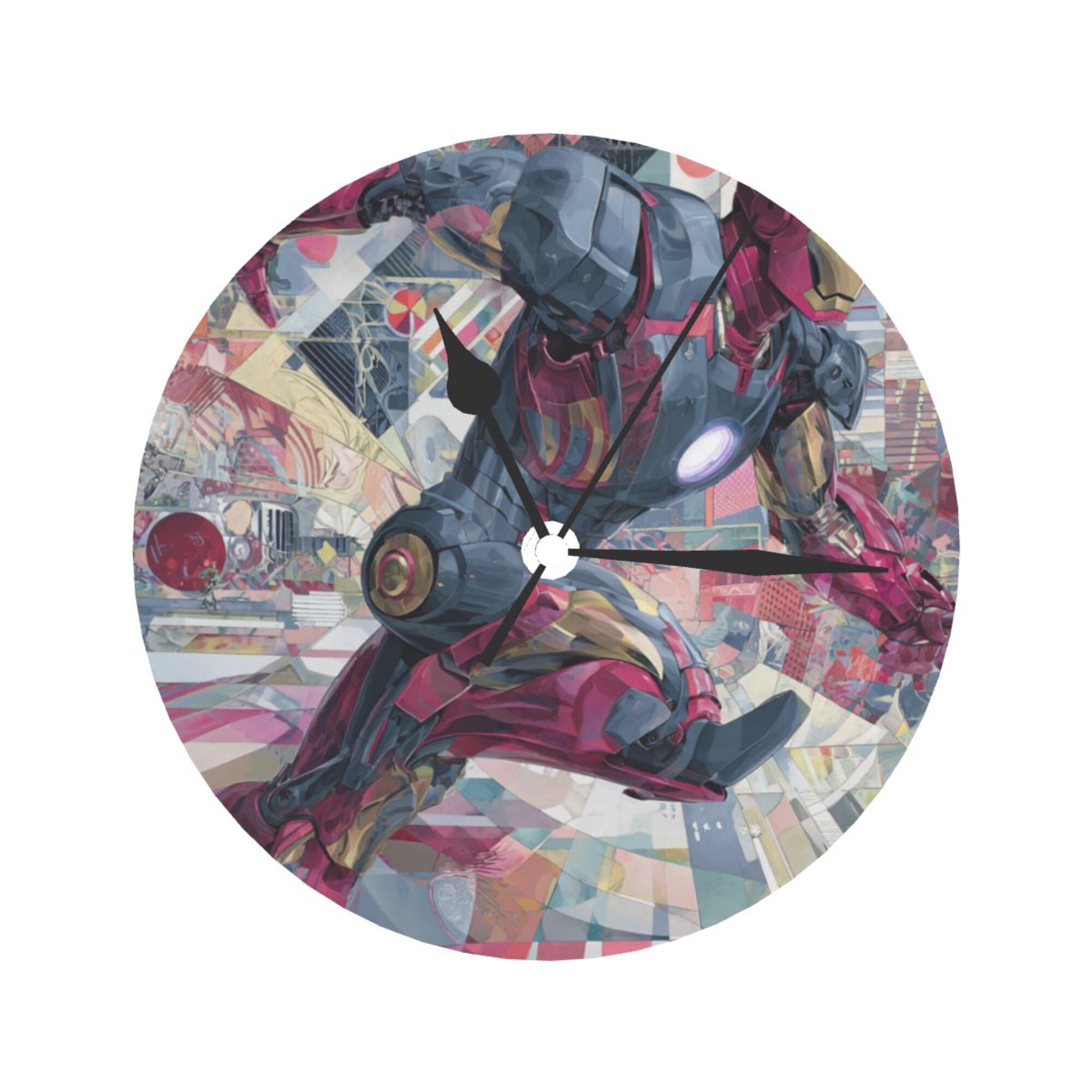 Iron Man Art Collage Round Wall Clock - Marvel - Themed Creative Decorative Clock for Living Room & Bedroom (Diameter 9.84in/25cm, Thickness 0.2in/0.5cm)