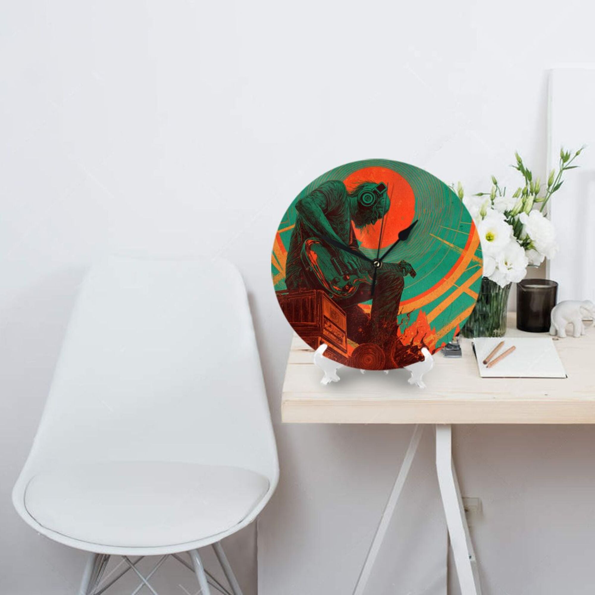 Rock Guitarist Art Round Wall Clock - Creative Music - Themed Decorative Clock for Living Room & Bedroom (Diameter 9.84in/25cm, Thickness 0.2in/0.5cm)