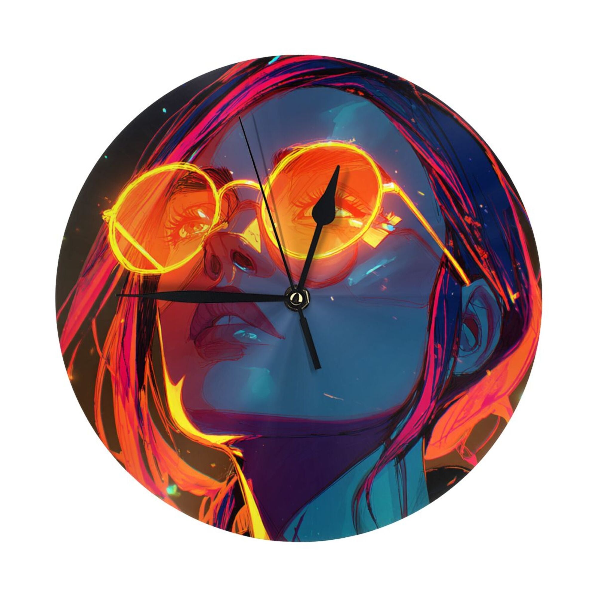 Cyberpunk Neon Girl Round Wall Clock - Artistic Trend Decorative Clock for Living Room & Bedroom (Diameter 9.84in/25cm, Thickness 0.2in/0.5cm)