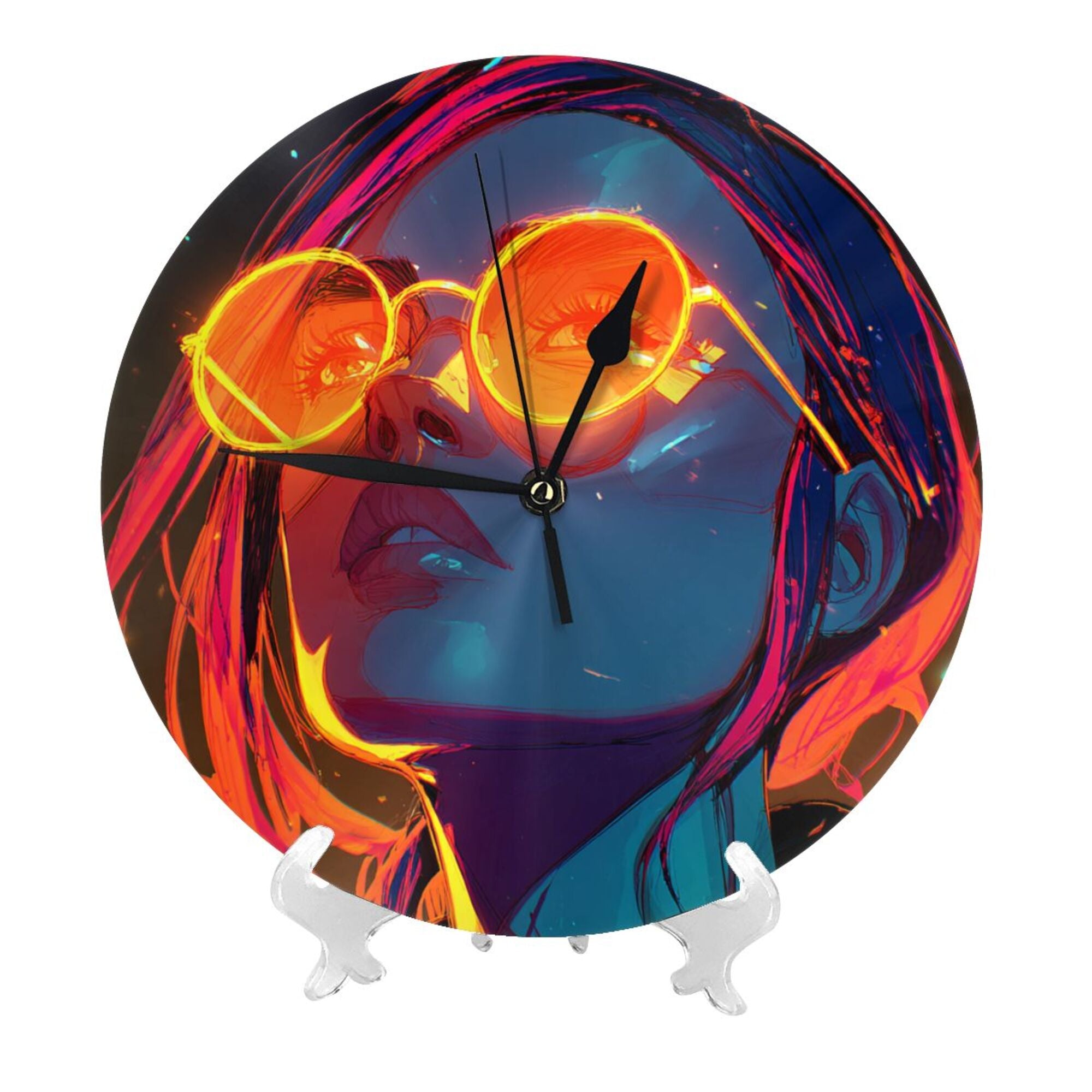 Cyberpunk Neon Girl Round Wall Clock - Artistic Trend Decorative Clock for Living Room & Bedroom (Diameter 9.84in/25cm, Thickness 0.2in/0.5cm)