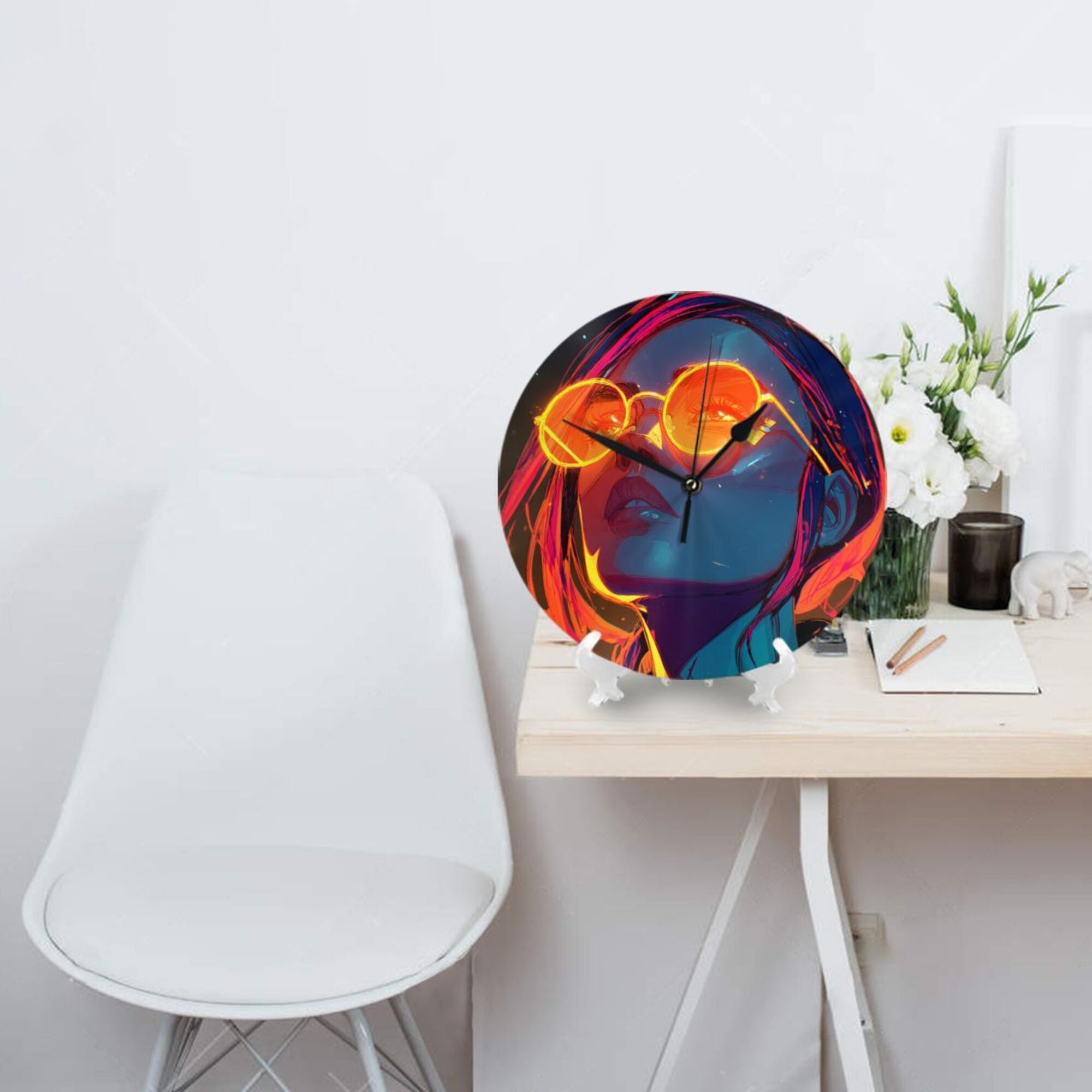 Cyberpunk Neon Girl Round Wall Clock - Artistic Trend Decorative Clock for Living Room & Bedroom (Diameter 9.84in/25cm, Thickness 0.2in/0.5cm)