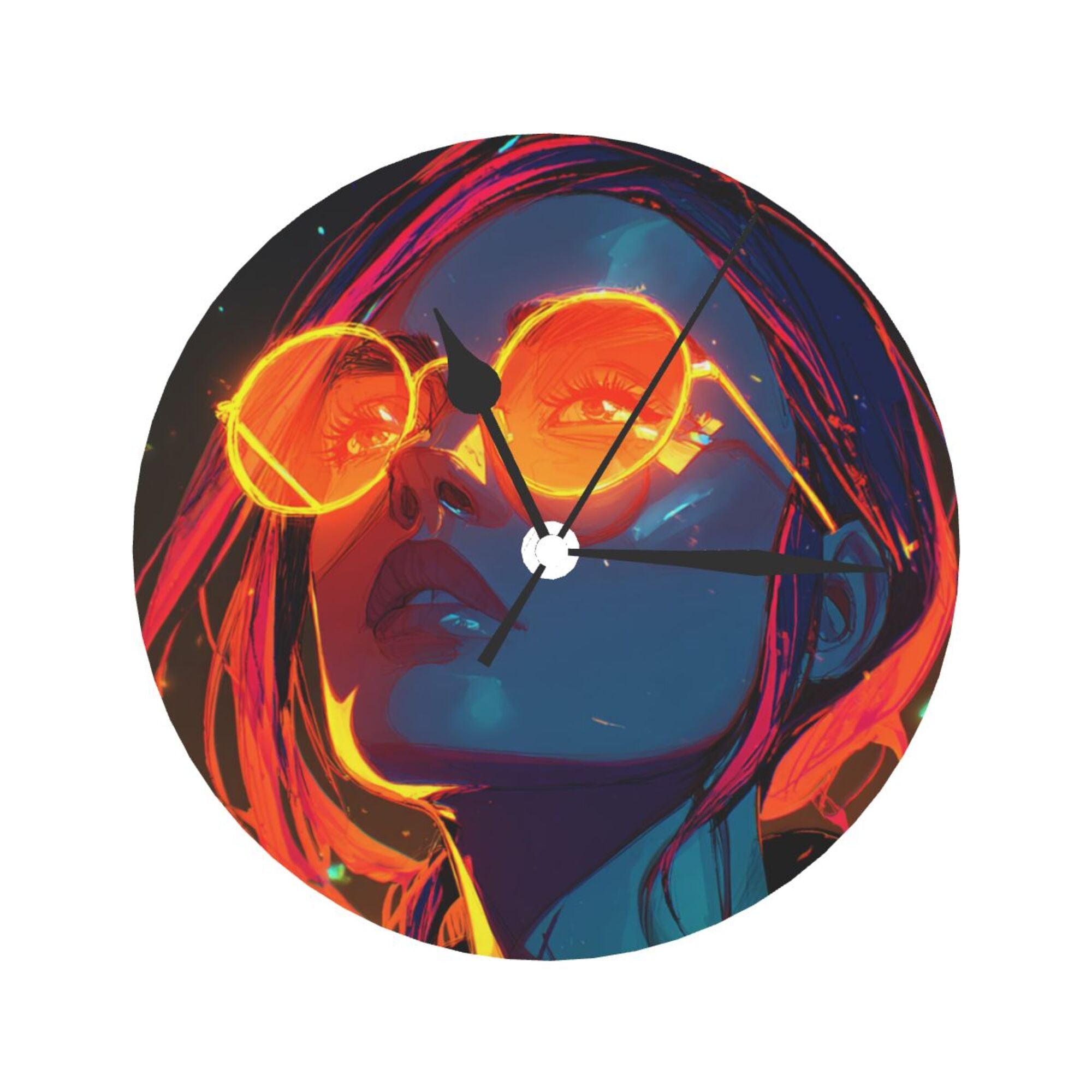 Cyberpunk Neon Girl Round Wall Clock - Artistic Trend Decorative Clock for Living Room & Bedroom (Diameter 9.84in/25cm, Thickness 0.2in/0.5cm)