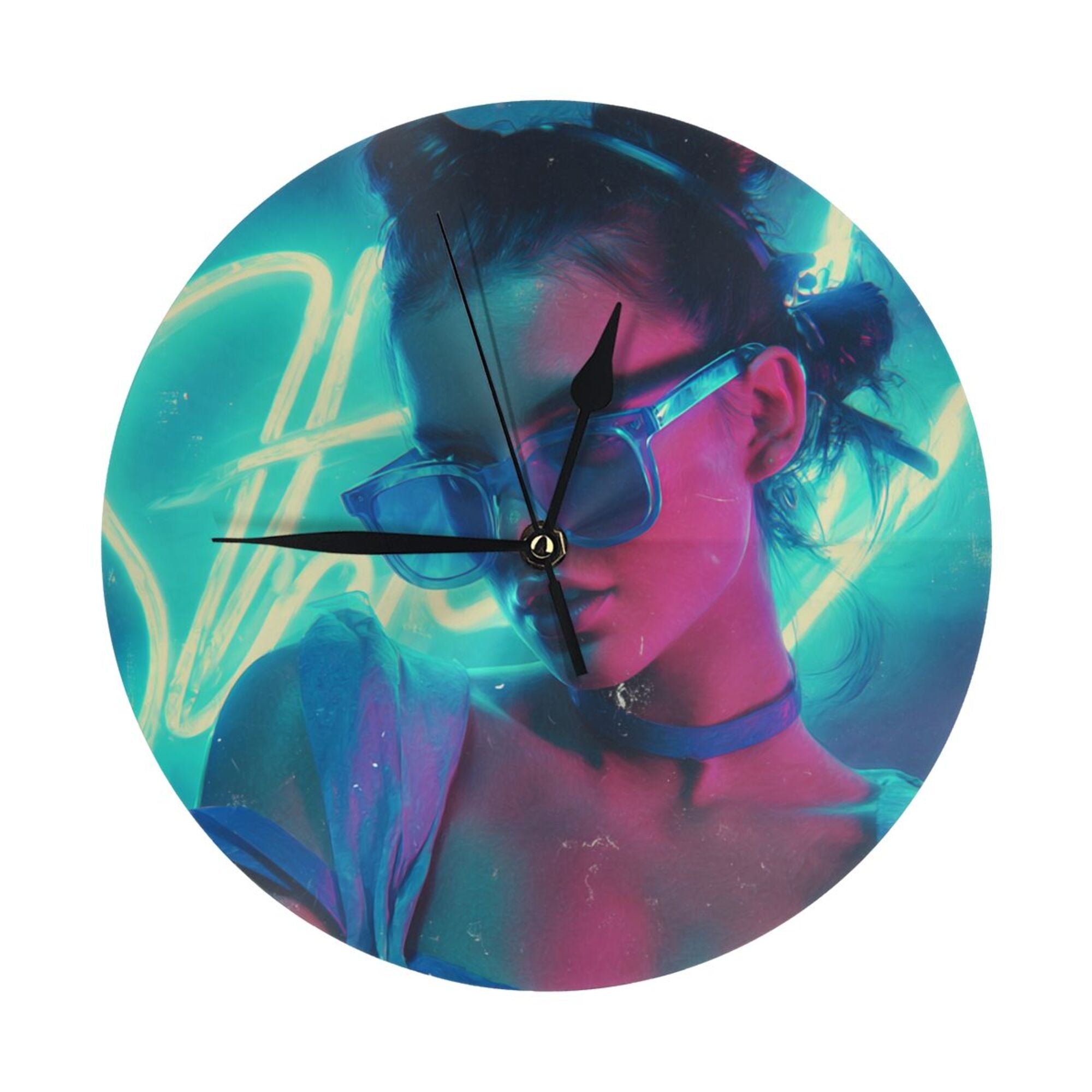 Cyberpunk Neon Fashion Girl Round Wall Clock - Trendy Art Decorative Clock for Living Room & Bedroom (Diameter 9.84in/25cm, Thickness 0.2in/0.5cm)