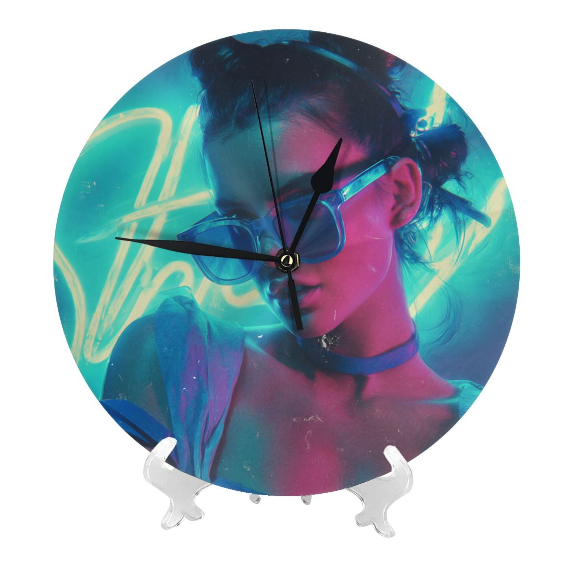 Cyberpunk Neon Fashion Girl Round Wall Clock - Trendy Art Decorative Clock for Living Room & Bedroom (Diameter 9.84in/25cm, Thickness 0.2in/0.5cm)