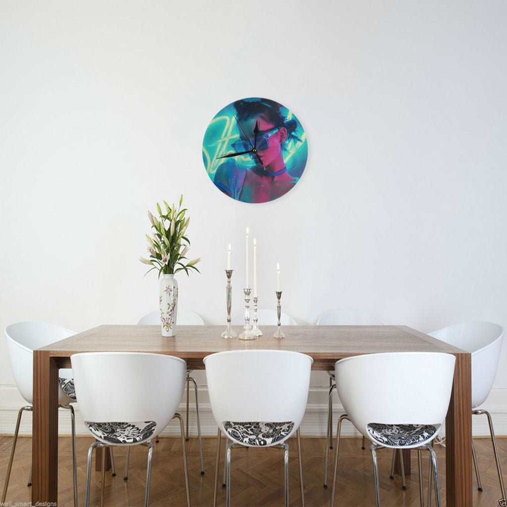Cyberpunk Neon Fashion Girl Round Wall Clock - Trendy Art Decorative Clock for Living Room & Bedroom (Diameter 9.84in/25cm, Thickness 0.2in/0.5cm)