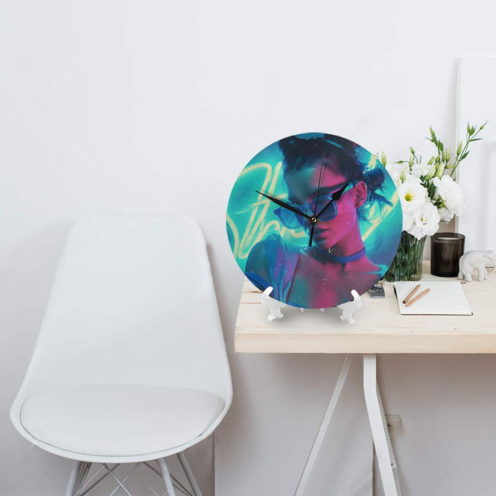 Cyberpunk Neon Fashion Girl Round Wall Clock - Trendy Art Decorative Clock for Living Room & Bedroom (Diameter 9.84in/25cm, Thickness 0.2in/0.5cm)