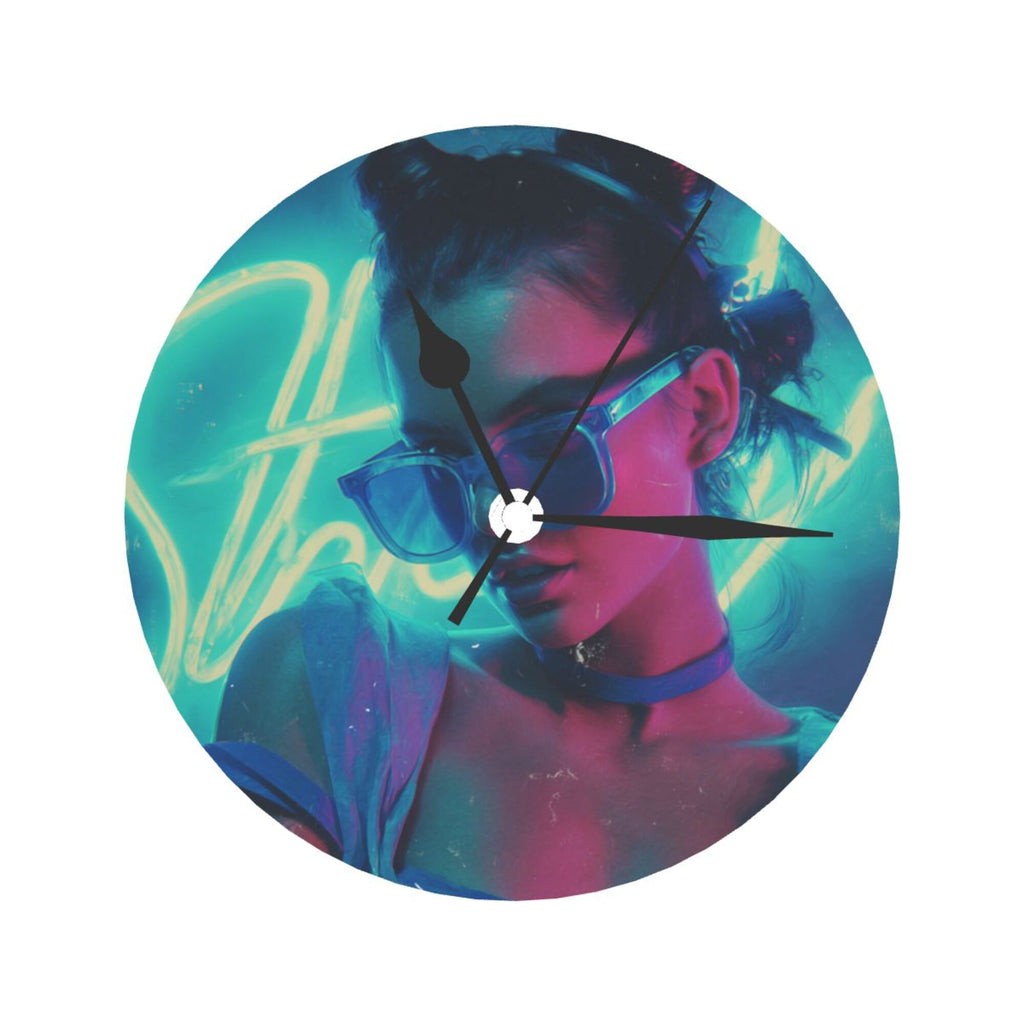 Cyberpunk Neon Fashion Girl Round Wall Clock - Trendy Art Decorative Clock for Living Room & Bedroom (Diameter 9.84in/25cm, Thickness 0.2in/0.5cm)