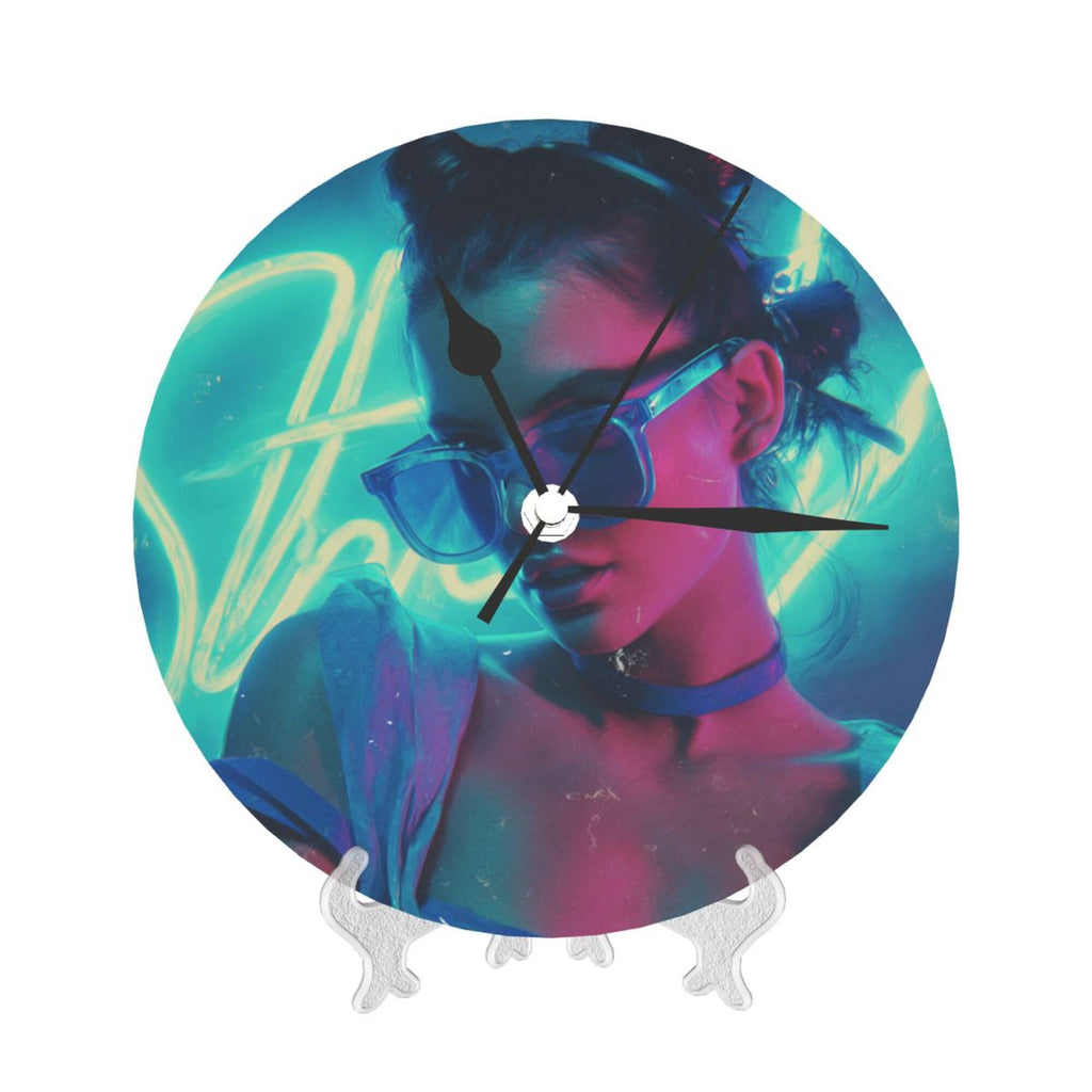 Cyberpunk Neon Fashion Girl Round Wall Clock - Trendy Art Decorative Clock for Living Room & Bedroom (Diameter 9.84in/25cm, Thickness 0.2in/0.5cm)