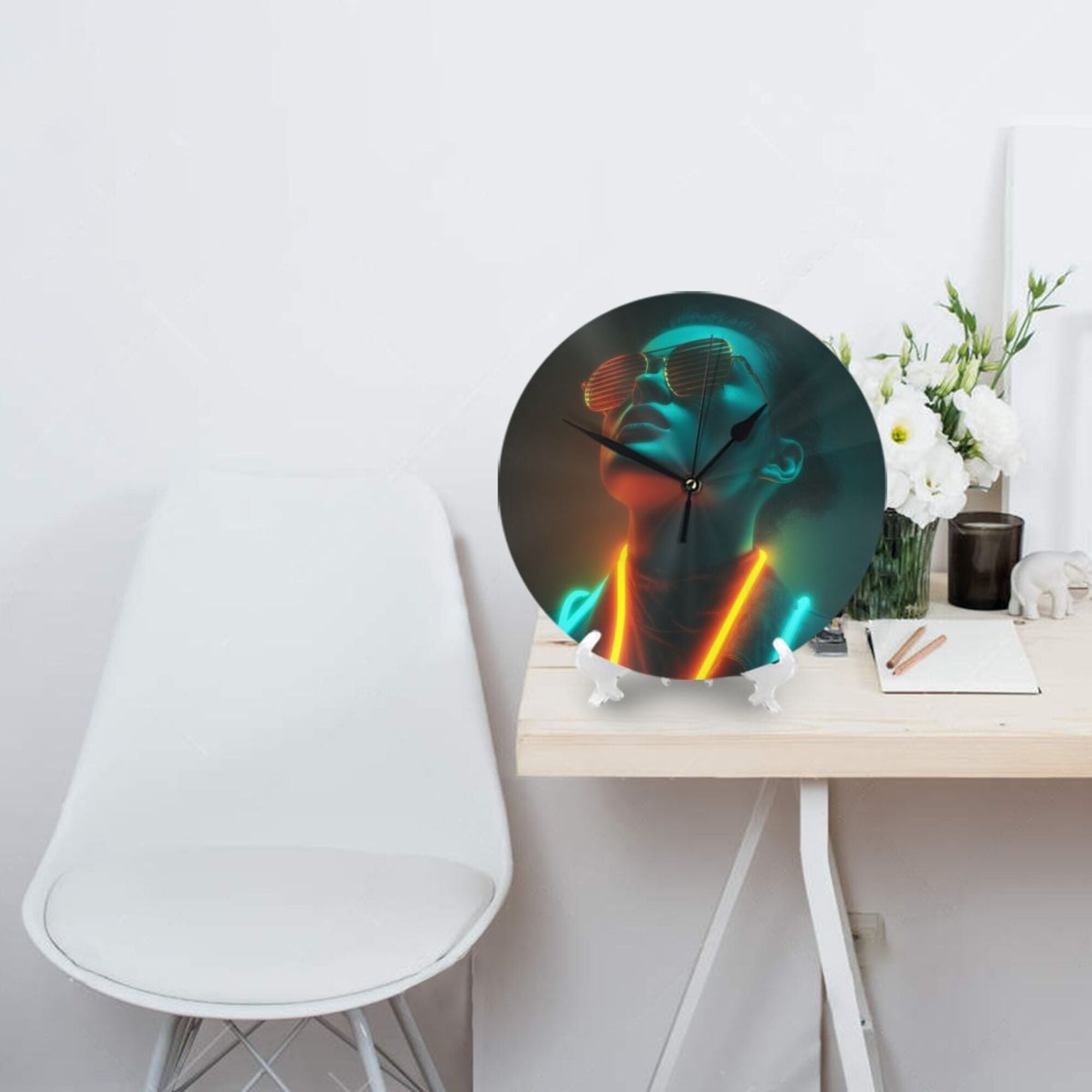 Cyberpunk Neon Portrait Round Wall Clock - Trendy Art Decorative Clock for Living Room & Bedroom (Diameter 9.84in/25cm, Thickness 0.2in/0.5cm)