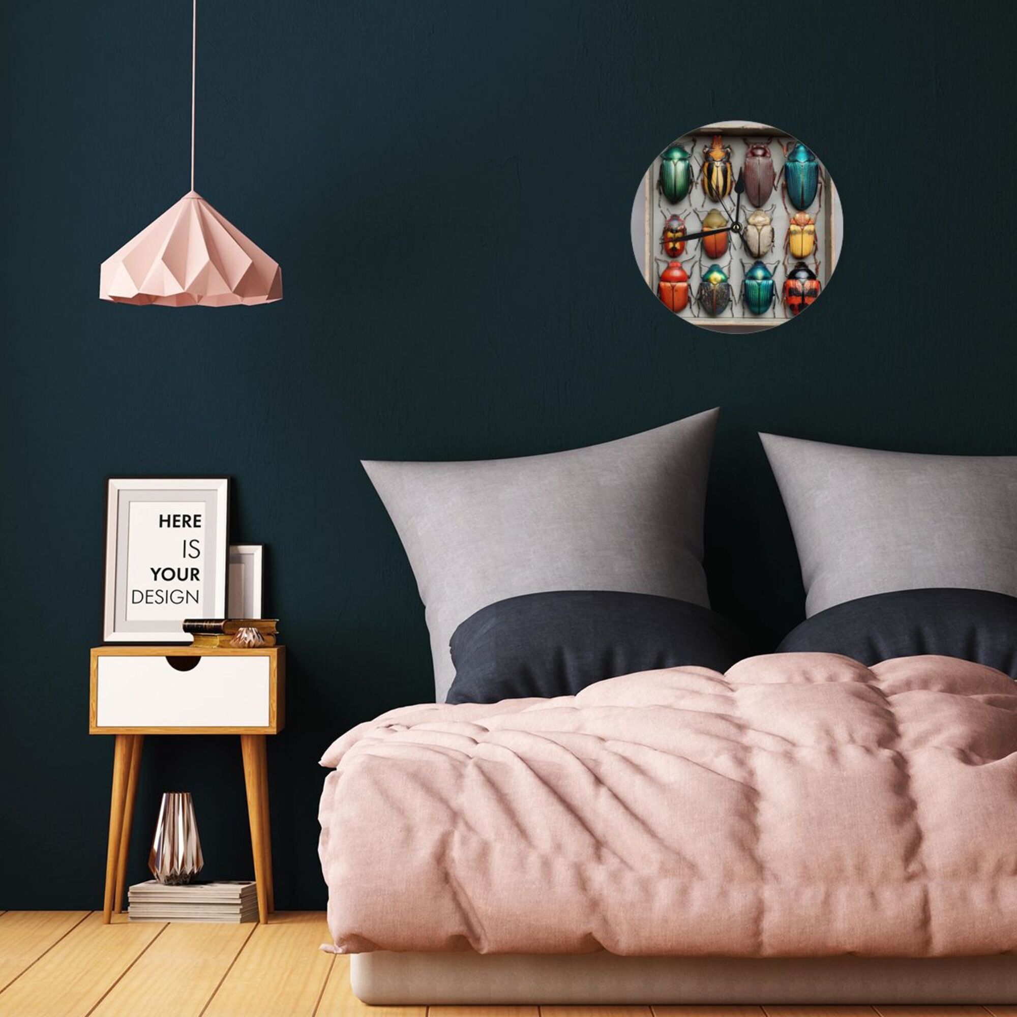 Colorful Beetle Specimen Round Wall Clock - Vintage Natural History Style Decorative Clock for Living Room & Study (Diameter 9.84in/25cm, Thickness 0.2in/0.5cm)